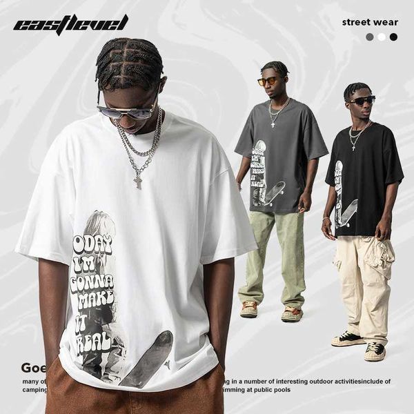 

t shirt american street fashion skateboard short-sleeved t-shirt men's loose oversize cotton outdoor versatile couple t-shirt, White;black