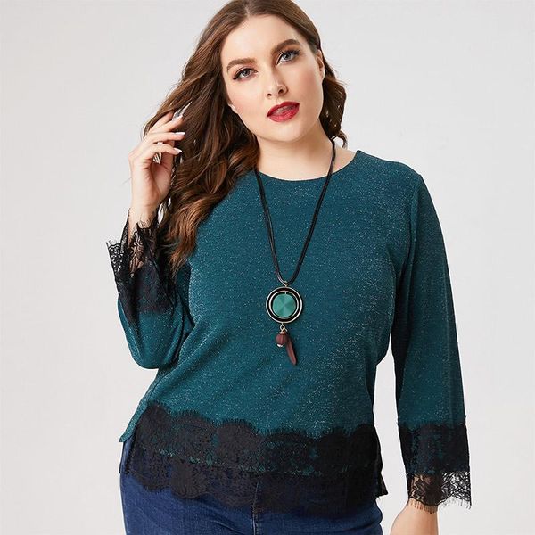 

t-shirt 2021 fall women long sleeve lace stitching knitted tshirt fashion ladies retro elegant mom clothes plus size womens, Black