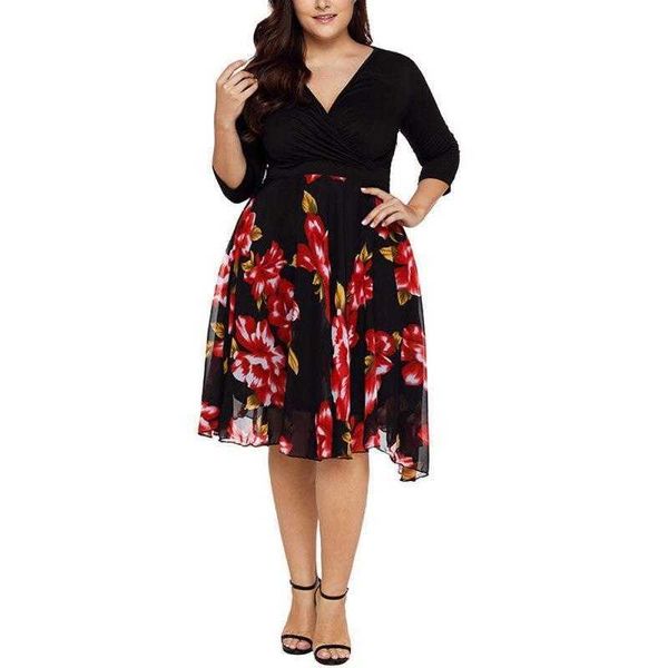 

large size dress womens v neck digital printed short sleeve empire, Black;gray