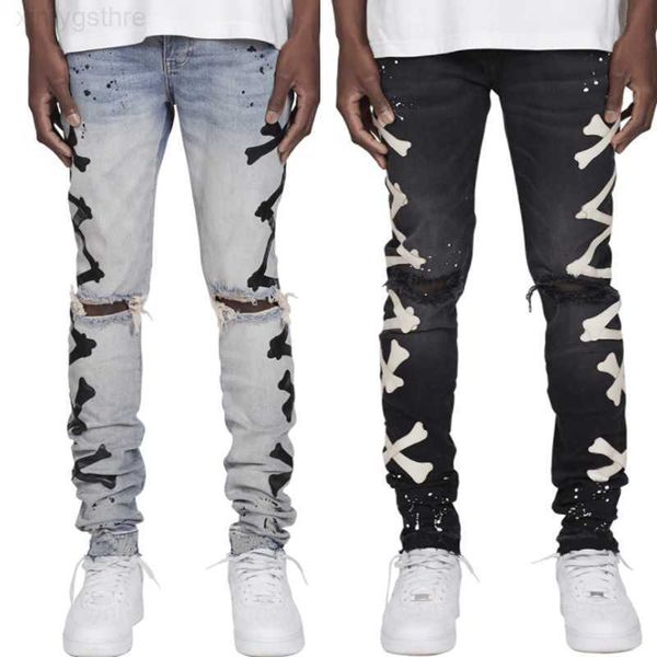 

men's jeans bone pattern patchwork hombre motorcycle pants fall streetwear ripped noir homme zipper pant for mennutl, Blue