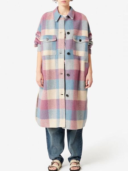 

fur women plaid woolen midlength coat 2022 early spring long sleeve ladies single breasted loose warm outwear with pockets, Black