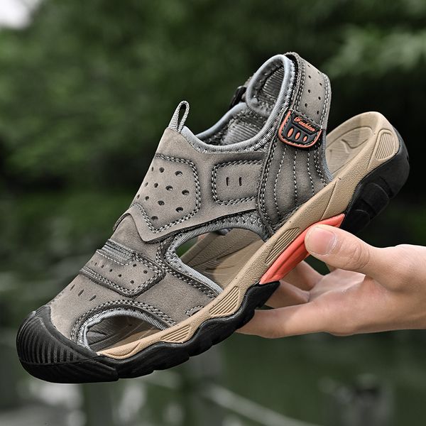 

sandals genuine leather casual shoes for men outdoor walking hiking breathable anticollision toe summer 230421, Black