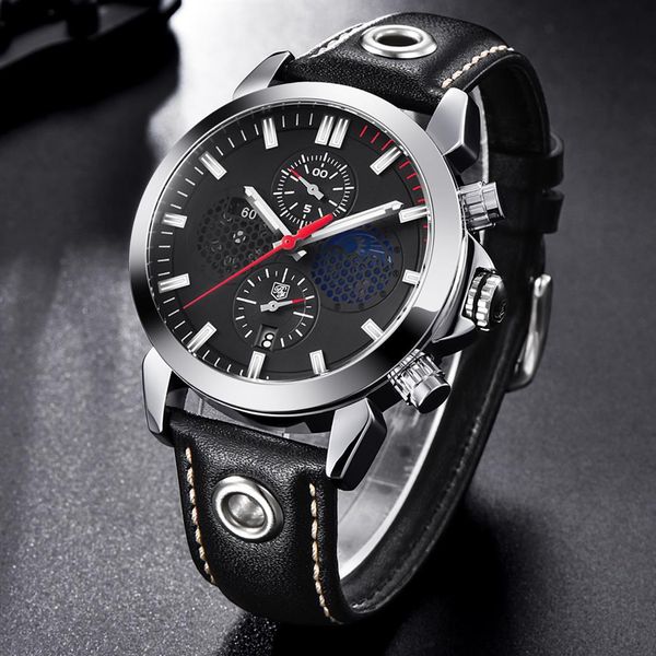 

benyar fashion sports chronograph watches men moon phase leather skeleton quartz watch support drop white red289n, Slivery;brown