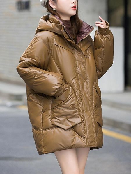 

leather ailegogo new autumn winter women loose hooded cotton jacket casual female zipper pocket thick warm wadded coat outwear, Black