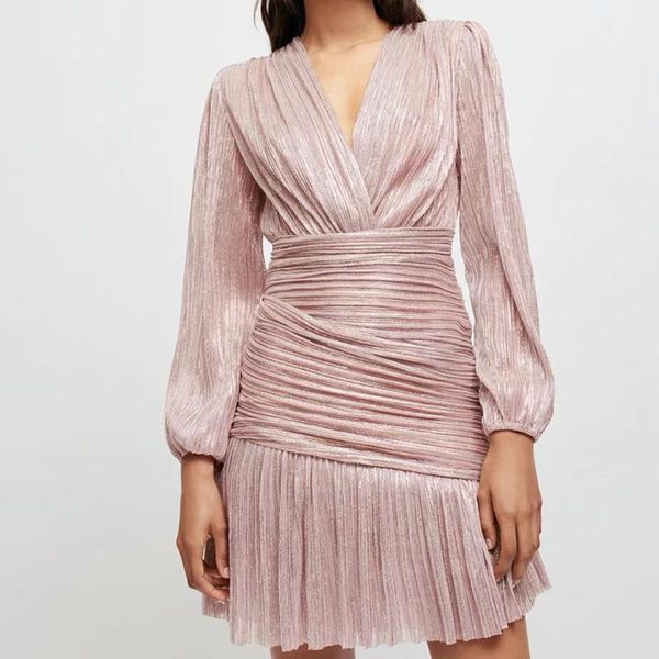 

dresses 2022 spring summer new french bubble sleeve vneck bright pleated female empire waist party dress draped metallic lurex, Black;gray