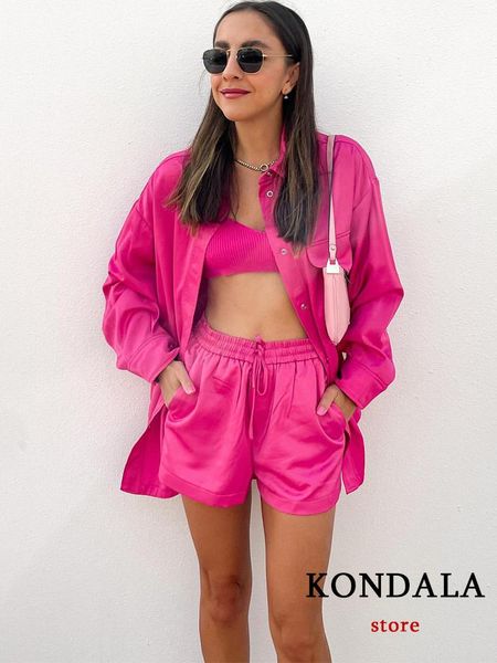 

dress kondala vintage satin rosered loose women sets fashion 2022 summer oversized shirts+high waist elasatic wide leg shorts suits, White