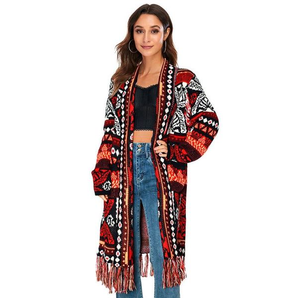 

sweaters boho knit cardigans vintage jacquard coat for women geometry open front tassels christmas sweater red gypsy wraps abrigo mujer, White;black