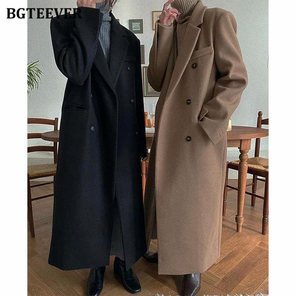 

fur bgteever elegant thicken warm loose women woolen coats 2021 autumn winter full sleeve double breasted women blend jackets, Black