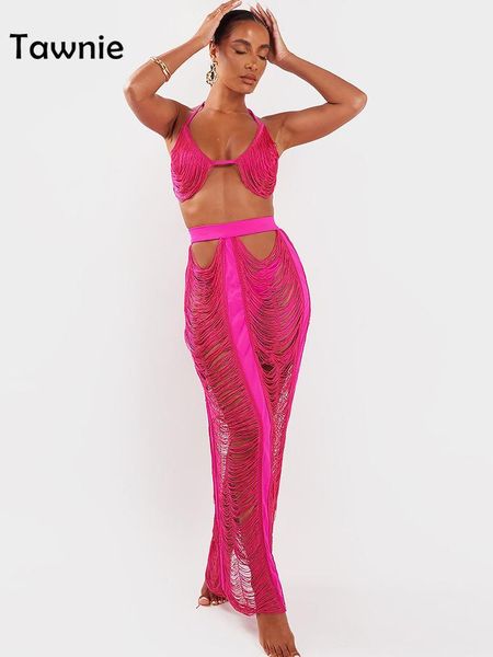 

dress tawnie 2022 summer tassel knitted skirts set women halter backless bra long skirt 2 pieces set hollow out outfits suit, White