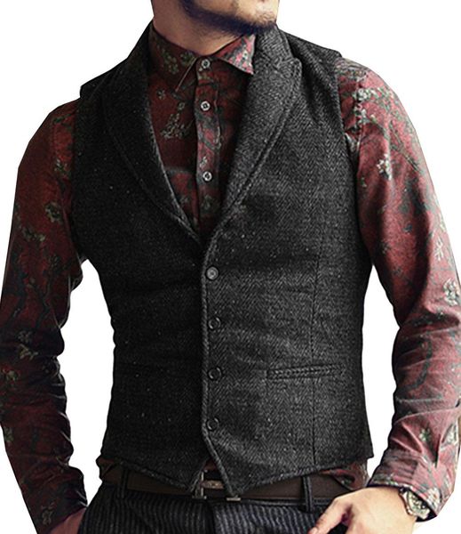 

blazers grey mens suit vest lapel v neck wool herringbone casual formal business vest slim fit gilet waistcoat groomman for wedding, White;black
