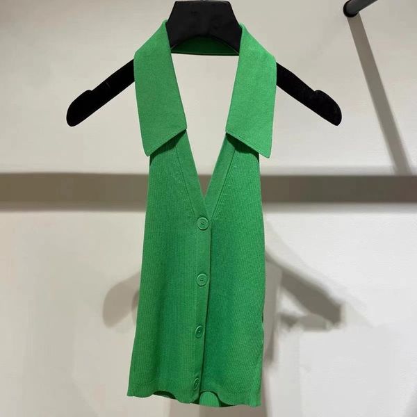 

tanks 2022 summer women green halterneck lapel collar vneck backless ribbed knitted franch pairs fashion, Black;white