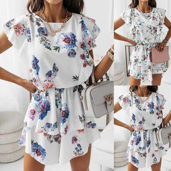 

summer loose printed ruffled sleeveless double layer dress, Black;gray
