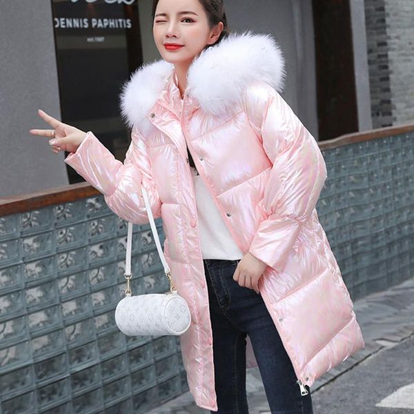 

parkas rimocy 2022 new winter warm jacket women's parkas glossy hooded down cotton jackets woman fur collar mid long outerwear female, Black