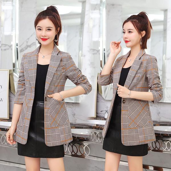 

pants fashion women's plaid blazers slim office long sleeve elegant coat casual lady single button pocket jackets blazers, White