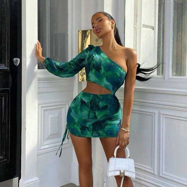 

womens printed puff sleeve casual dresses one shoulder asymmetric hollow, Black;gray