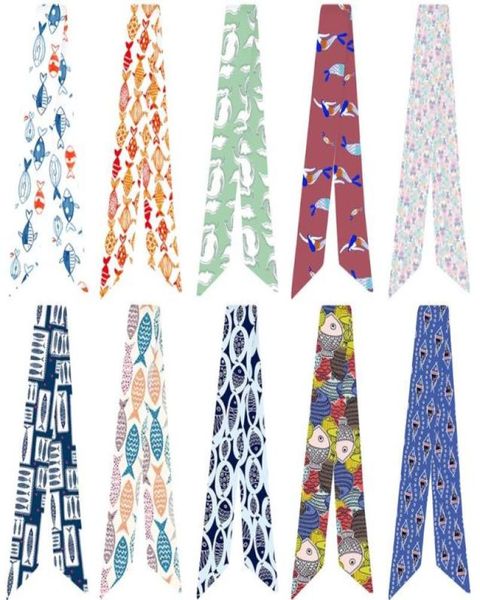 

scarves japanese style ocean fish print variety bag handle tie wrap silk scarf small fashion handbag7304664, Blue;gray