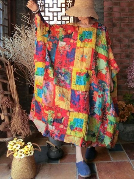 

dresses johnature 2022 chinese style women dress vintage ramie quality loose robes bat sleeve print floral oneck casual summer dress, Black;gray