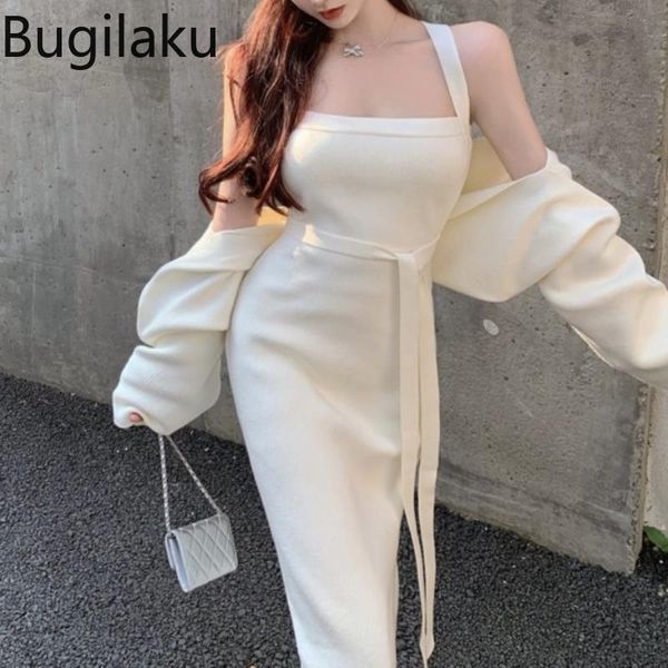 

dress bugilaku slim fit knitting ensemble femme 2 pieces solid color sleeveless bodycon fashion spaghetti strap dress women, White