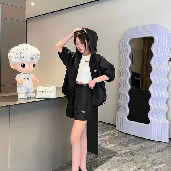 

26% off clothing designer quality family spring/summer new trendy cool fashion triangle sunscreen coat+straight slender shorts set, White
