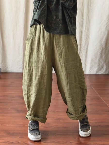 

women's pants capris women loose elastic waist linen pants ladies vintage flax trousers female spring autumn pants 230422, Black;white