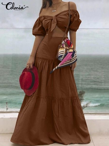 

dress celmia women 2pcs sets 2022 summer holiday short puff sleeve short and stitching pleats long skirts suits dress sets, White