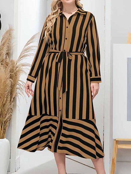 

dresses women summer long sleeve shirt dress plus size female striped print ruffles casual dress belted maxi long dresses, Black