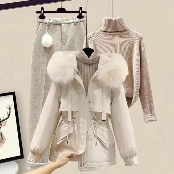 

pants women winter warm tracketsuit snow suit thicken parkat jacket+turtleneck sweater and wool pant three pieces set outwear cloth, White