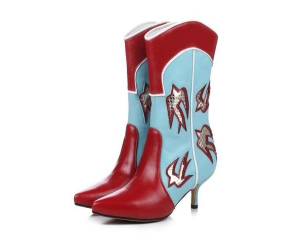 

fashion bird printed women ankle boots pointed toe cowboy half booties designer lady kitten heels pumps multicolor party wedding 8099017, Black