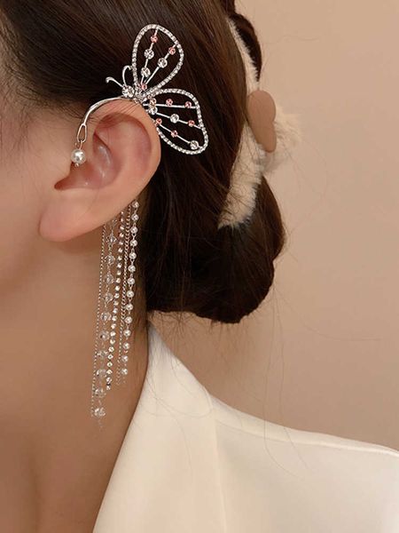 

charm fashion crystal butterfly clip on earring pearl bead ear cuff long tassels charm hollow earrings for women clip jewelry gifts aa230421, Golden