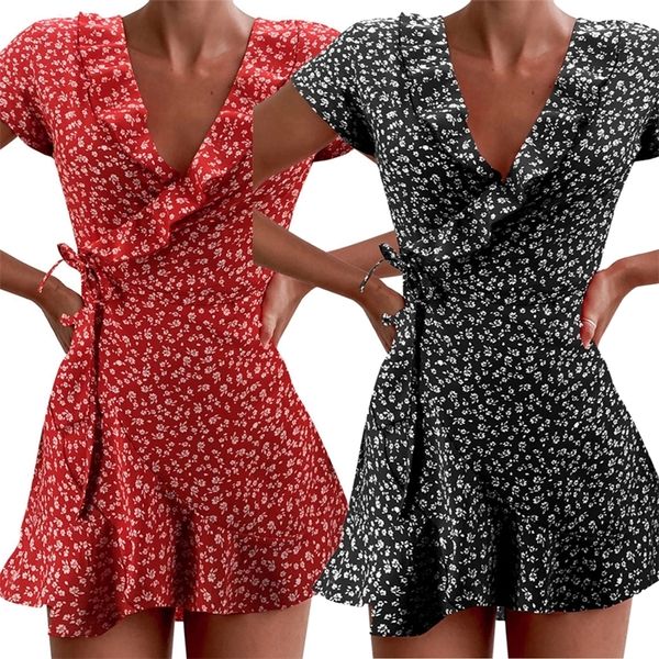 

casual dresses women's short sleeve dress wrap summer elegant floral ruffles v-neck bandage short dress ladies casual hoilday sundress, Black;gray