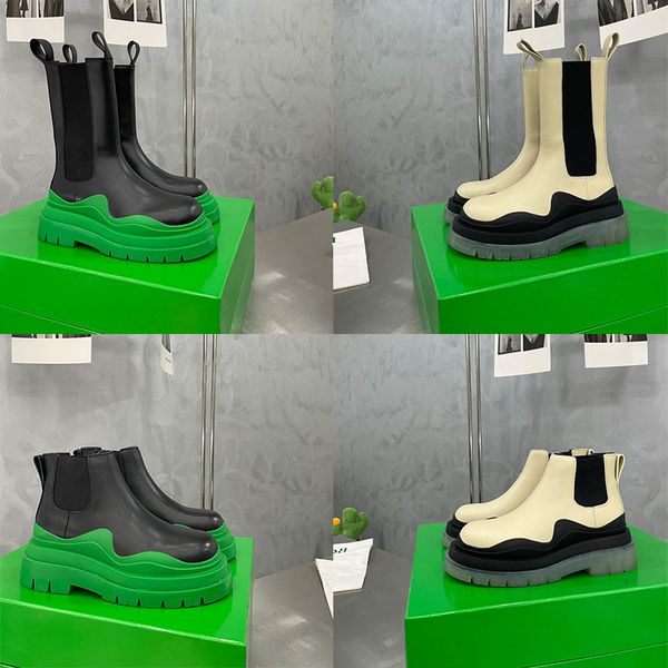 

2023 women men designer boots tire leather half ankle boots fashion wave colored rubber clear outsole elastic webbing boot, Black
