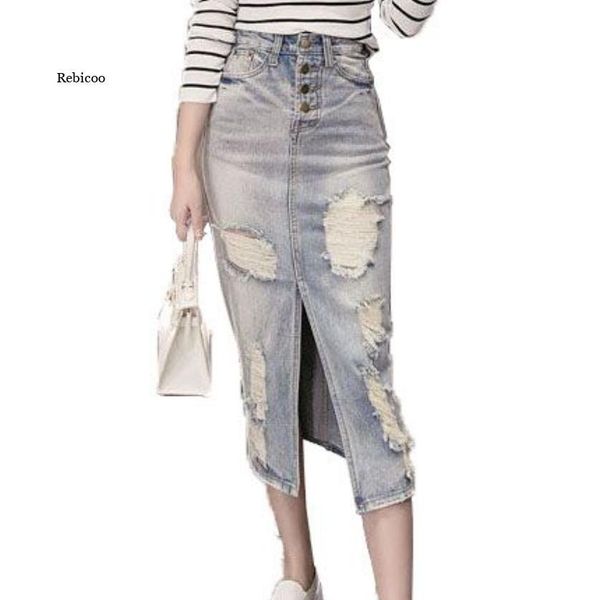 

dresses fashion denim skirts women singlebreasted ripped hole vintage jeans skirts high waist split, White;black