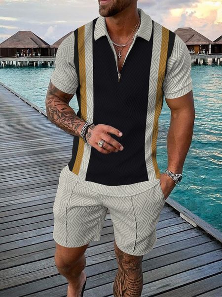 

men's tracksuits spring and summer explosive trend beach casual color contrast polo zipper lapel shirt short sleeve suit 230421, Gray