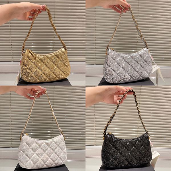 

Designer Women 23K Vintage Hobo Chain Shoulder Bag France Brand Quilted Glitter Leather Mini Half Moon Underarm Bags Lady Weave Chains Strap Handbags 23cm, Gold