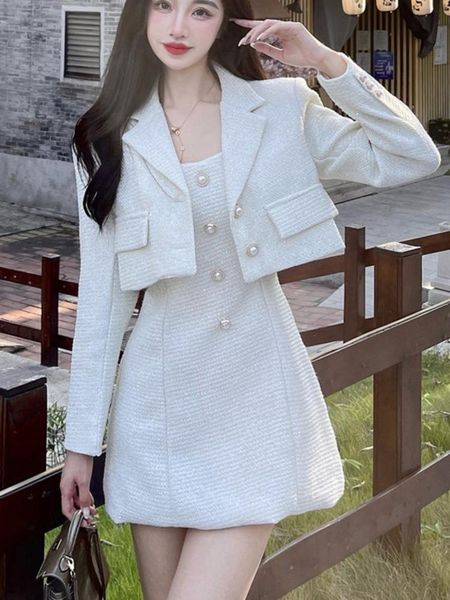 

dress vetement femme 2022 two piece set women crop short jacket coat + mini dress suits ensemble femme 2 pieces dress set, White