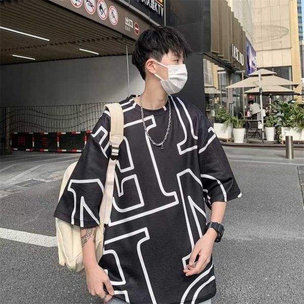 

26% off street men's short sleeved ins fashion all over printed lettering t-shirt summer trendy label loose shoulder middle sleeve, White;black