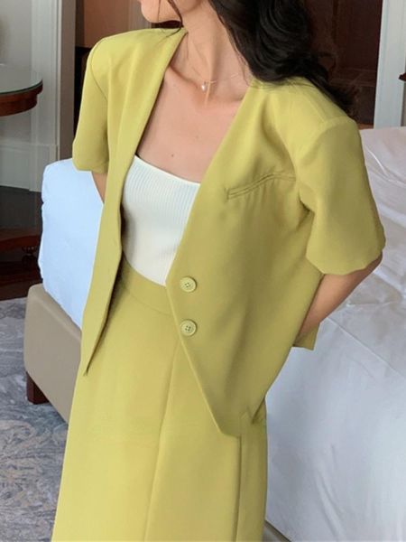 

pants summer business women's skirt sets short sleeve blazer jacket high waist split skirt 2 piece set female fashion casual clothes, White