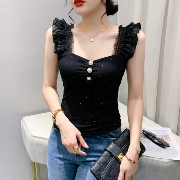 

women's tanks camis 5366 black white green red short tight women buttons outerwear mesh cropped femme elastic s summer 230422