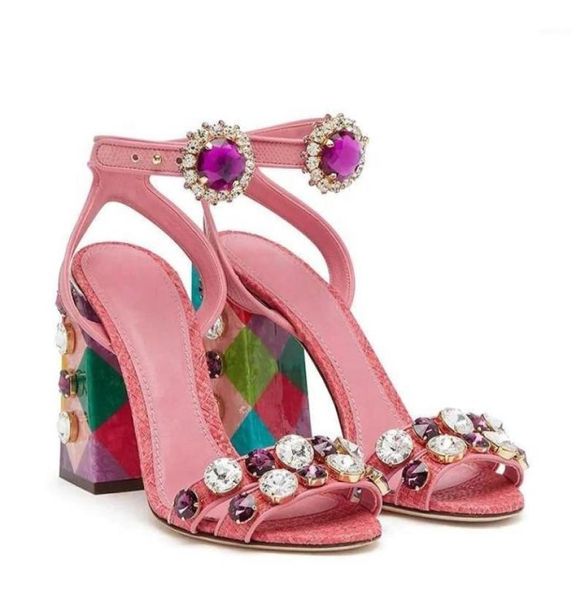 

sandals high end luxury design brand diamond women heels 2021 pink genuine leather block heel shoes12921389, Black