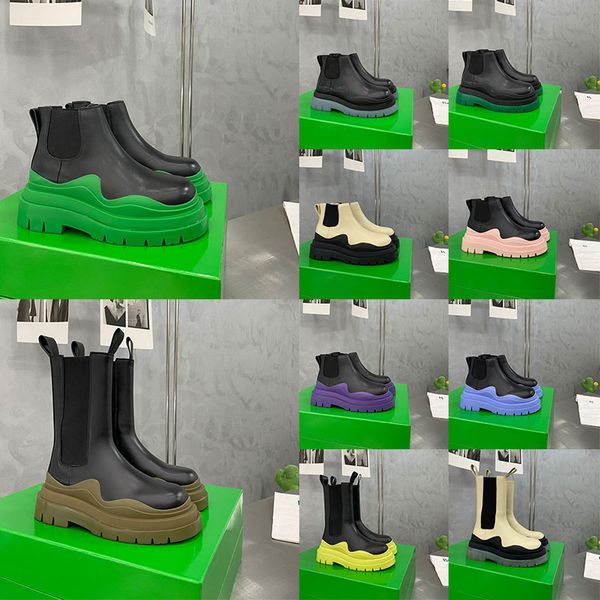 

size 35-44 men designer boots tire leather women half ankle boots mens fashion wave clear colored rubber outsole elastic webbing outdoor boo, Black