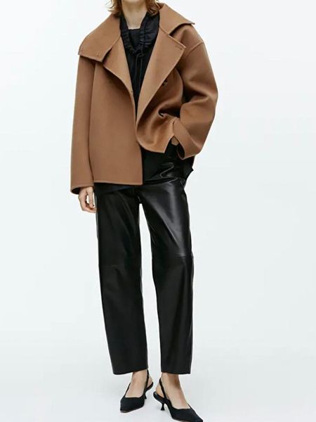 

fur women woolen trench wool blend coat 2022 autumn winter solid color lapel turtleneck singlebreasted women longsleeved coat, Black