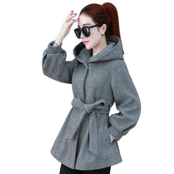 

fur women's woolen coat midlength add cotton autumn winter woolen jacket ladies casual hoodie outerwear with belt, Black