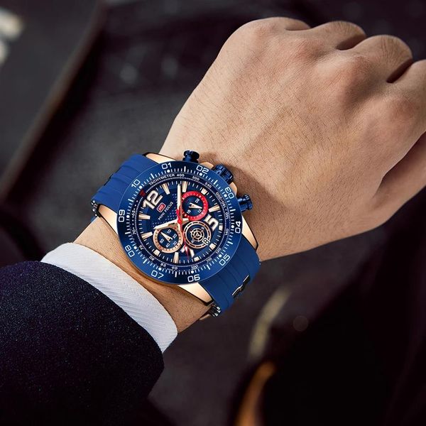 

watch mini focus blue sport fashion watch chronograph sub dials luminous calendar quartz silicone strap men176n, Slivery;brown