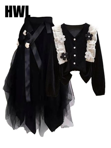

dress spring vneck ruffles shirt+tulle skirt contrast color chic shirt black streetwear tutu skirt twopiece set, White