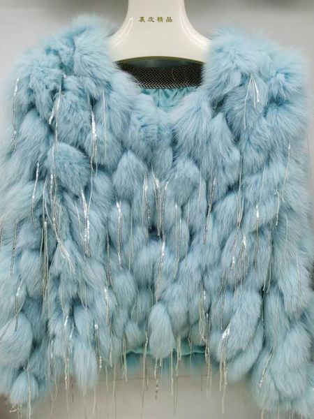 

fur oftbuy 2022 real fur coat winter jacket women natural fox fur sequins thick warm outerwear streetwear oneck new fashion, Black