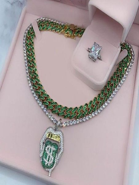 

iced out bling 5a cz mouth pendant necklace dollar symbol micro pave dripping lips silver color tennis hip hop women5541915