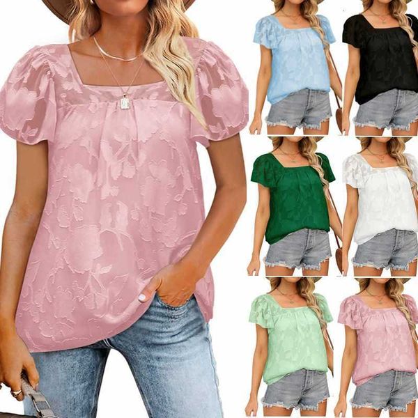 

summer women's 2023 new square slash neck lace cut out short sleeve chiffon shirt, White
