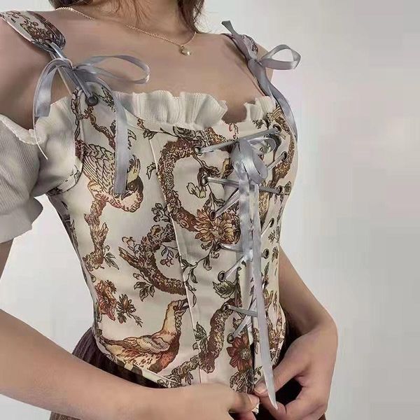 

tanks french vintage floral bustiers crop women backless boho beach party vest female korean fashion laceup corset 2022, Black;white