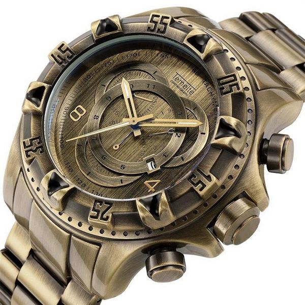 

man watches quartz temeite brand mens wristwatches luxury antique copper color stainless steel waterproof calendar men's cloc189f, Slivery;brown