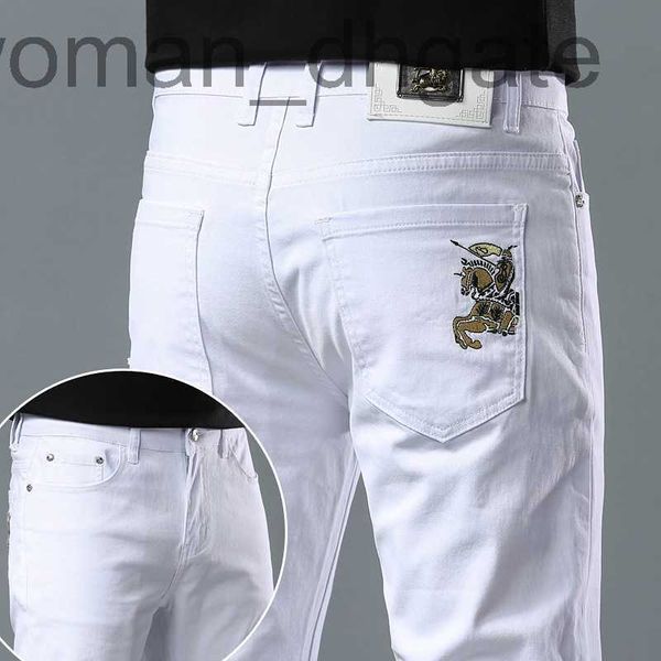 

men's jeans designer tide brand pure white jeans men's elastic men's slim fit small foot simple pants men's fashion 8xee, Blue